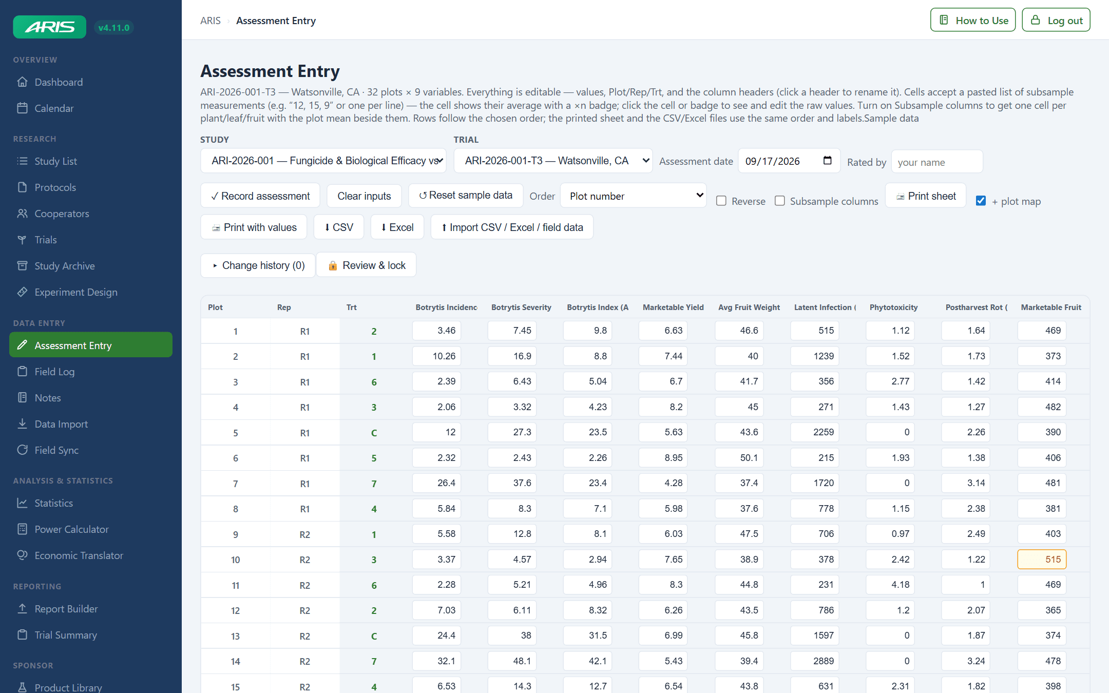 ARIS assessment entry grid with plots, reps and treatments
