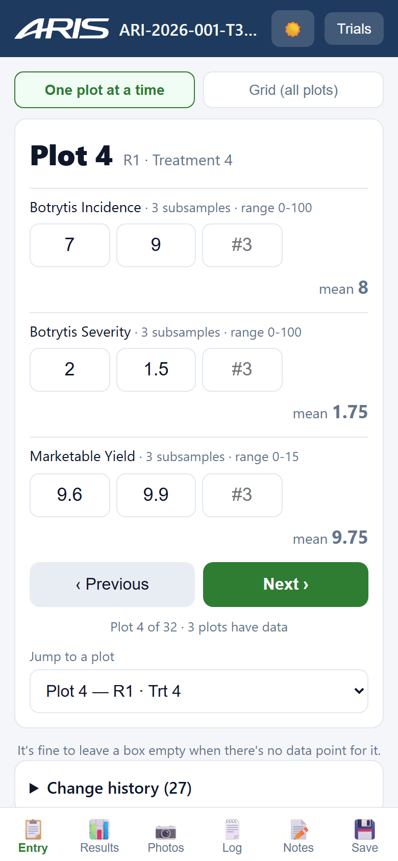 ARIS Field rating a plot